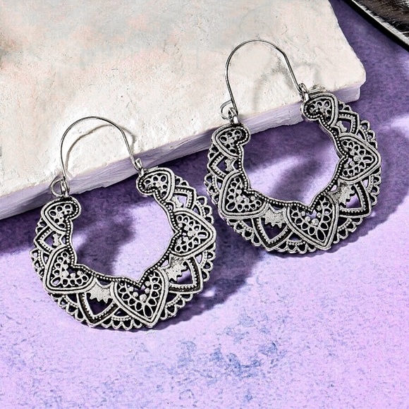 Any 2/$20! Silver Filagree Boho Hoop Earrings - Picture 2 of 8